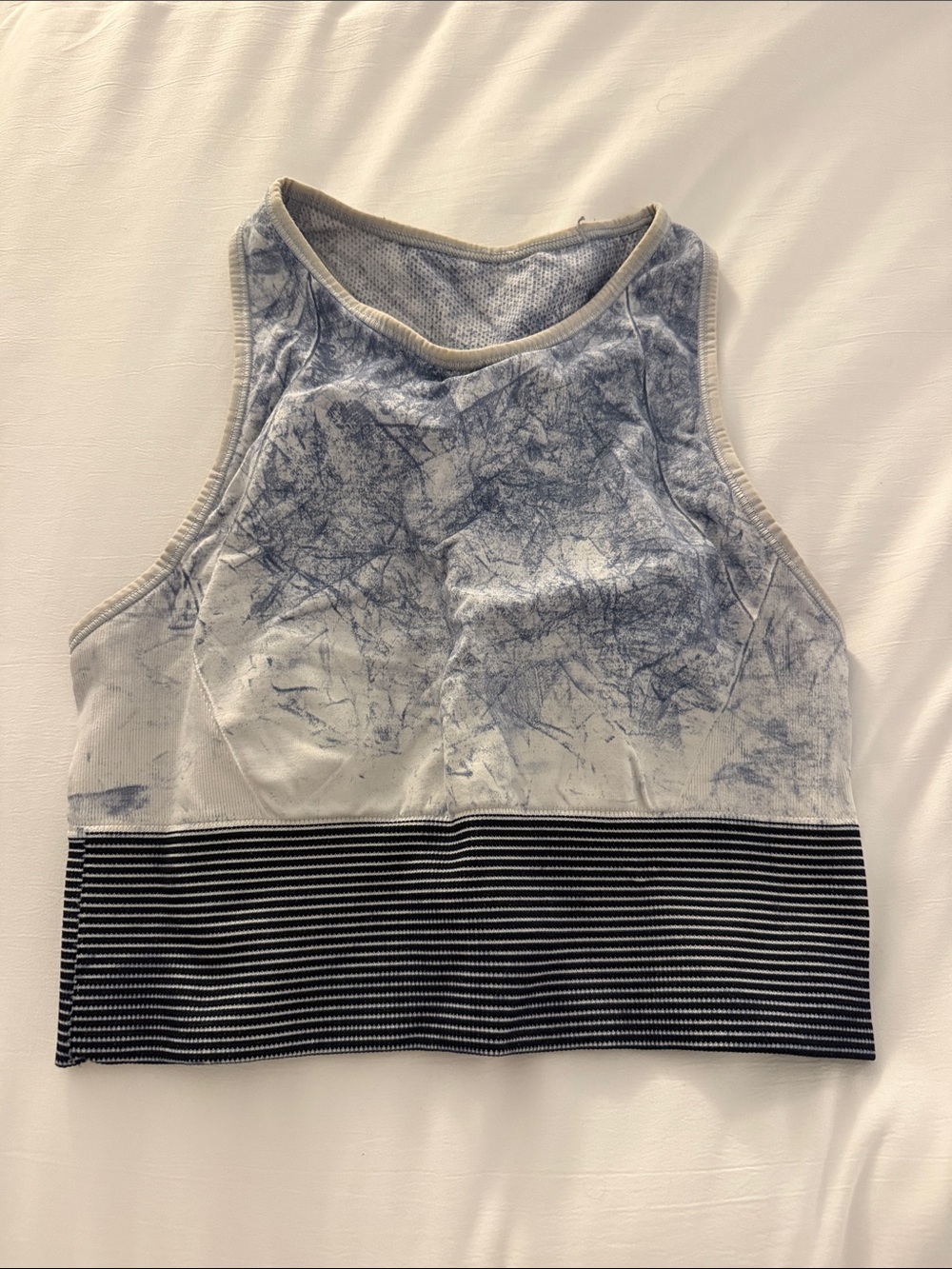 Lululemon Women's Blue Marble Print long sports bra with Striped Hem